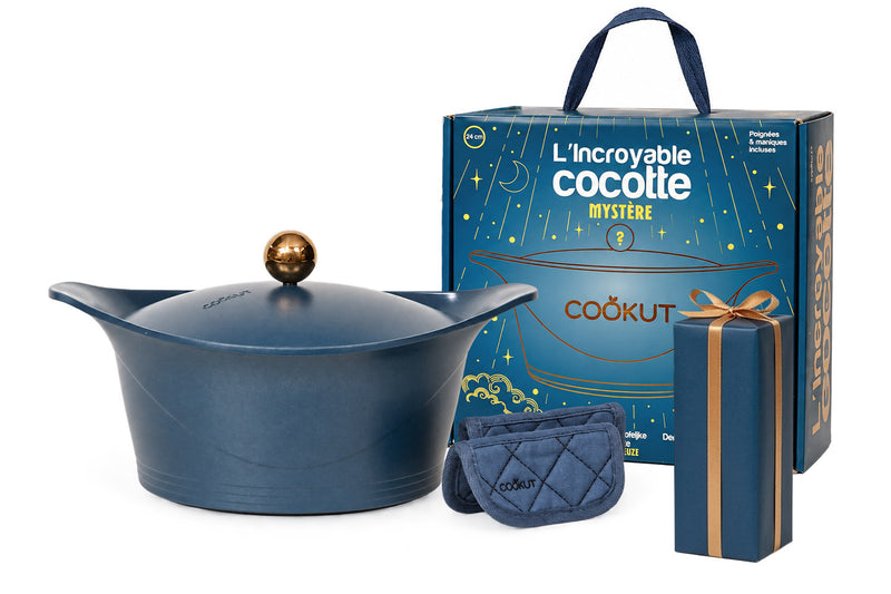 Coffret mystère Cookut L'incroyable Cocotte de Noël myrtille avec poignée et maniques incluses + cadeau offert - 24cm