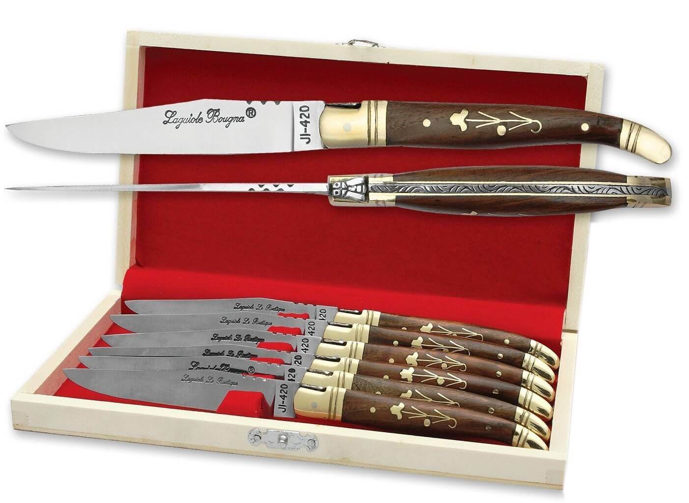 Coffret cadeau de 6 couteaux de table Laguiole Bougna manches palissandre - mitres laiton