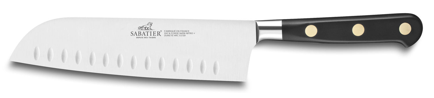 Couteau santoku SABATIER Idéal Inox 100% forgé rivets laiton alvéolé 18cm