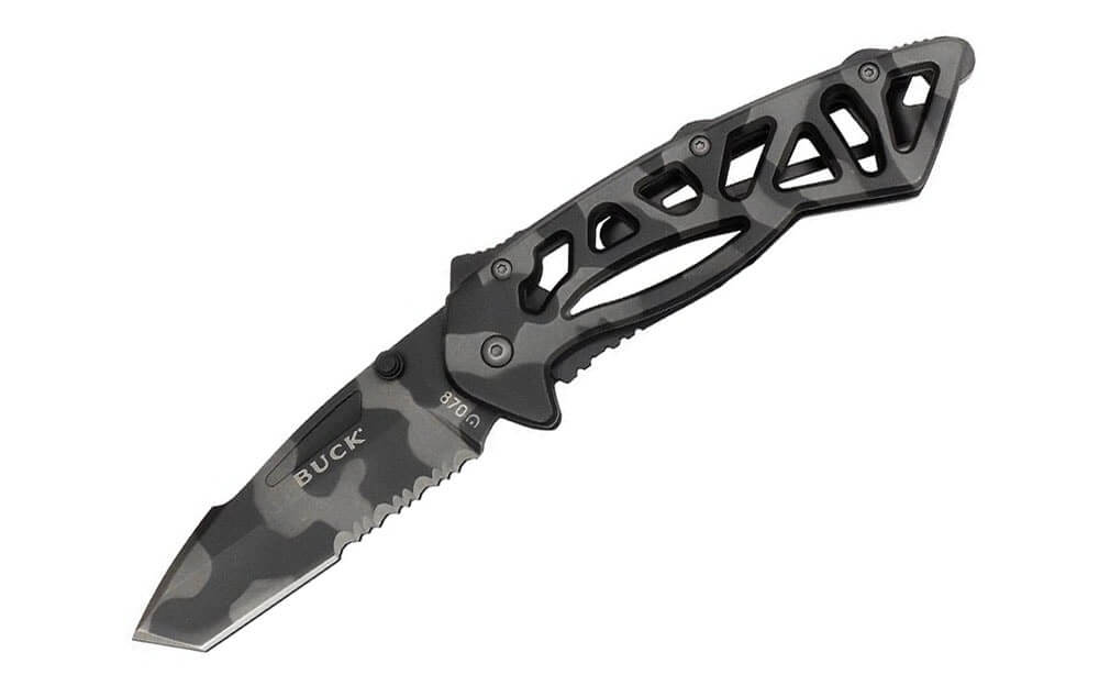 Couteau pliant BUCK BONES n°870CMX semi-dentelé camouflage 11,5cm