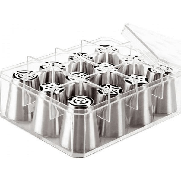 Boite de 12 douilles tout inox assorties décors fleurs