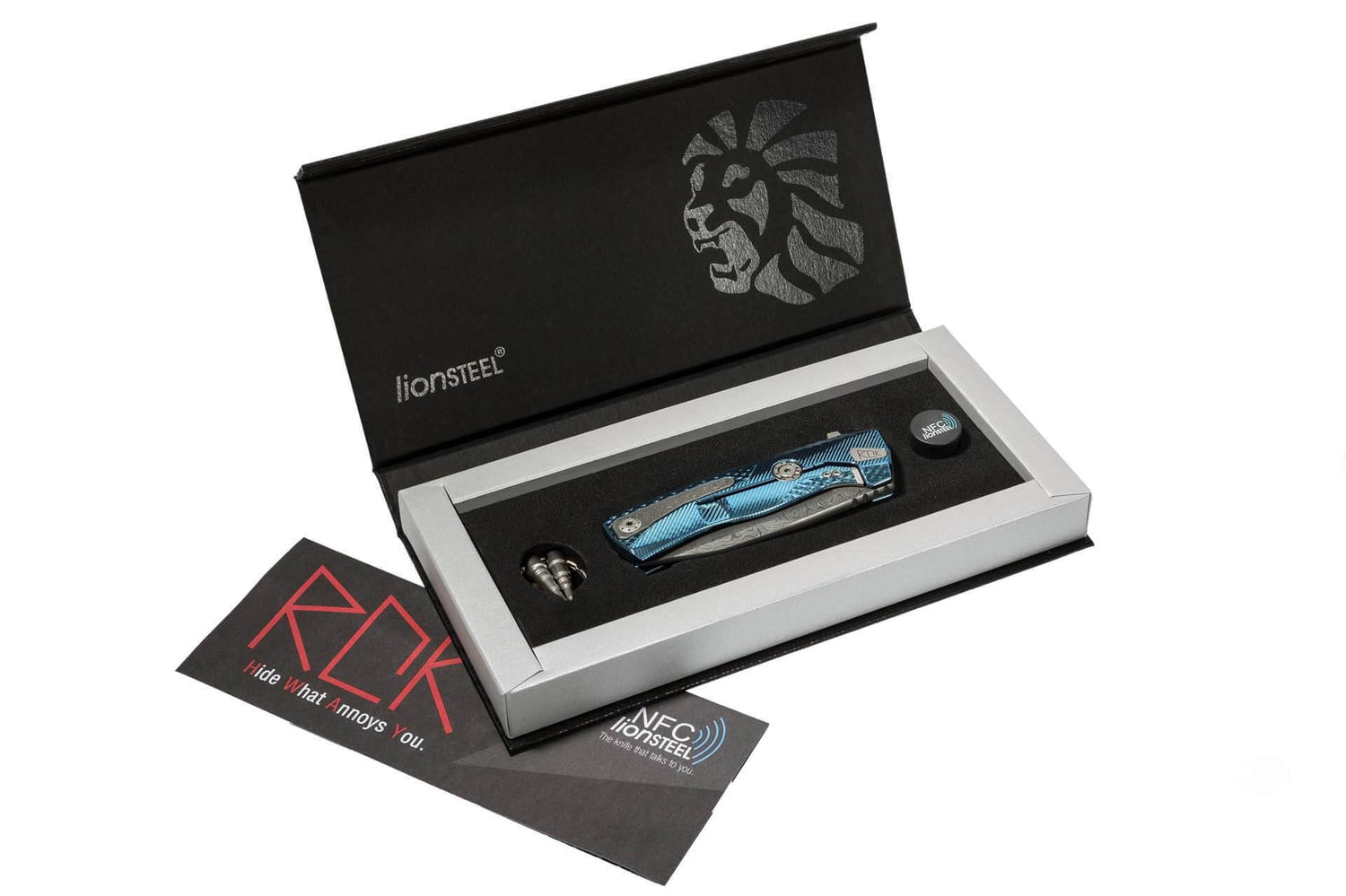 Couteau pliant LionSteel ROK damas manche titanium bleu 11cm