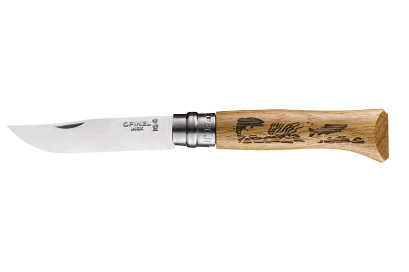 Couteau Opinel Tradition Gravures Animalia n°08 lame 8,5cm manche chêne décor truites