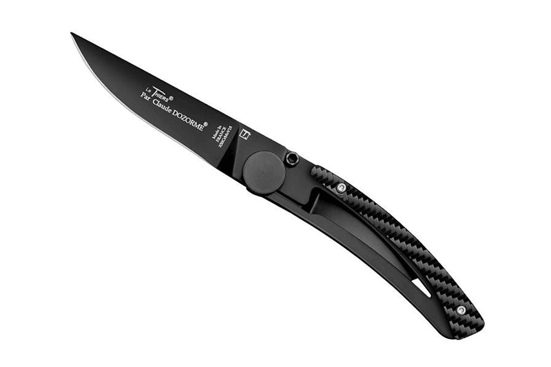 Couteau pliant Le Thiers Liner Lock Claude Dozorme acier noir manche façon carbone 10,5cm