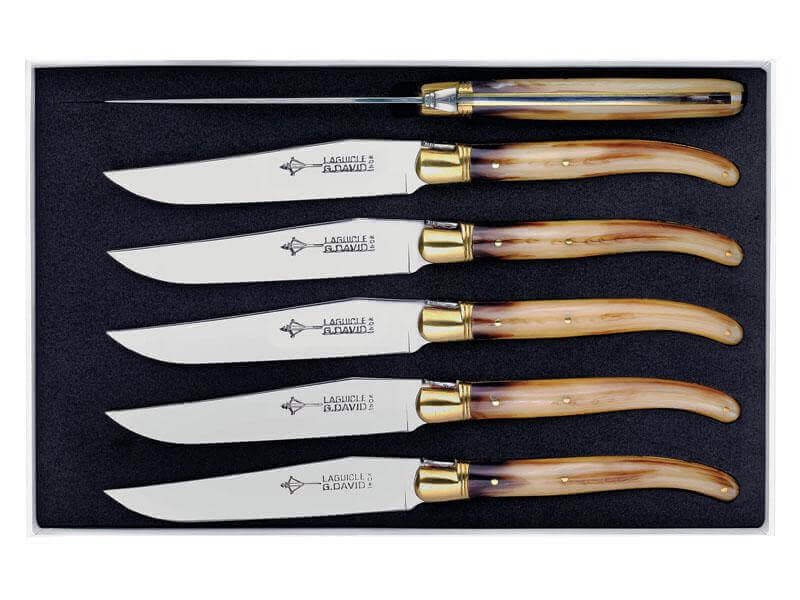Coffret 6 couteaux de table Laguiole Arbalète G.DAVID 21cm inox manche façon corne blonde