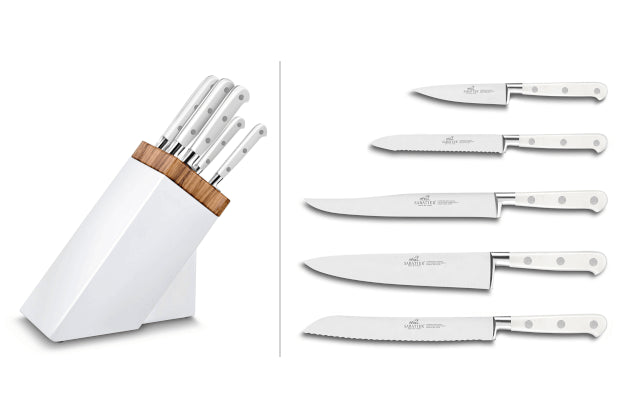 Bloc Sabatier blanc et olivier 5 couteaux forgés Toque Blanche
