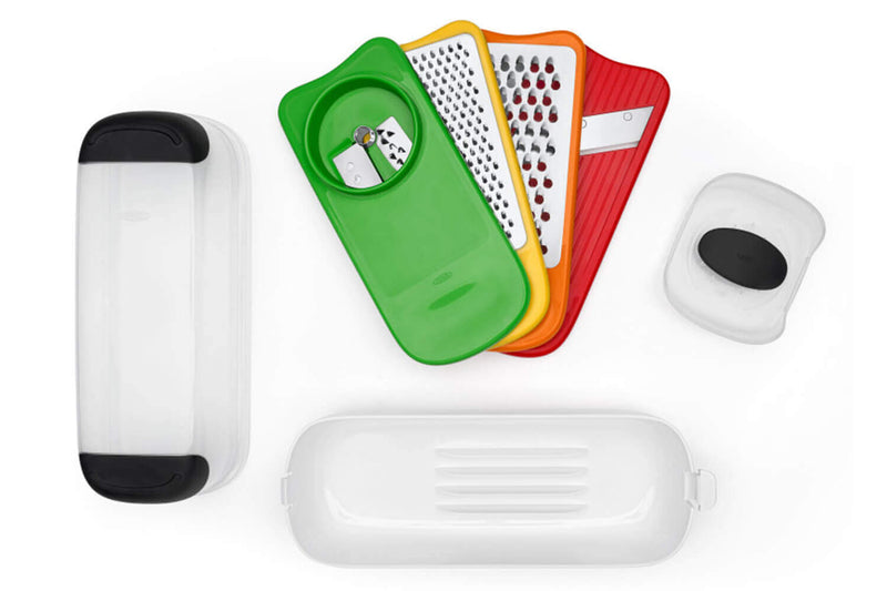 Set 2 râpes + 1 éminceur + 1 spiralizer avec récupérateur OXO