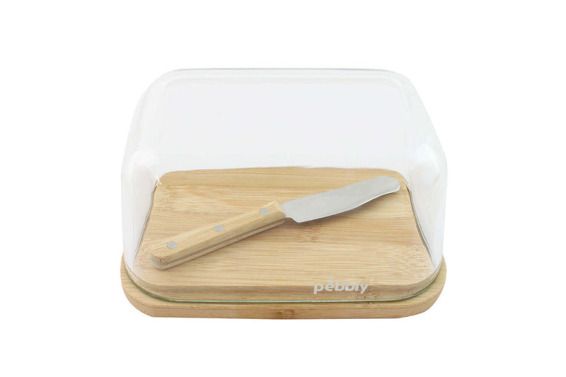 Set beurrier en verre et bambou Pebbly avec couteau à beurre
