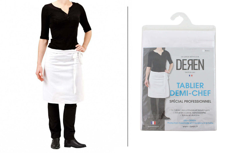 Tablier de cuisinier demi chef Deren 100% coton blanc