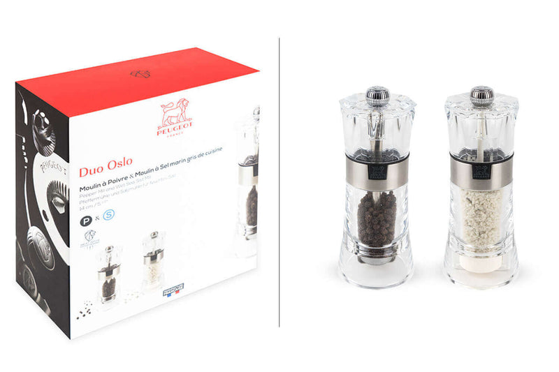 Coffret duo moulin à sel et poivre Peugeot Oslo en acrylique et inox 14cm - Sel humide