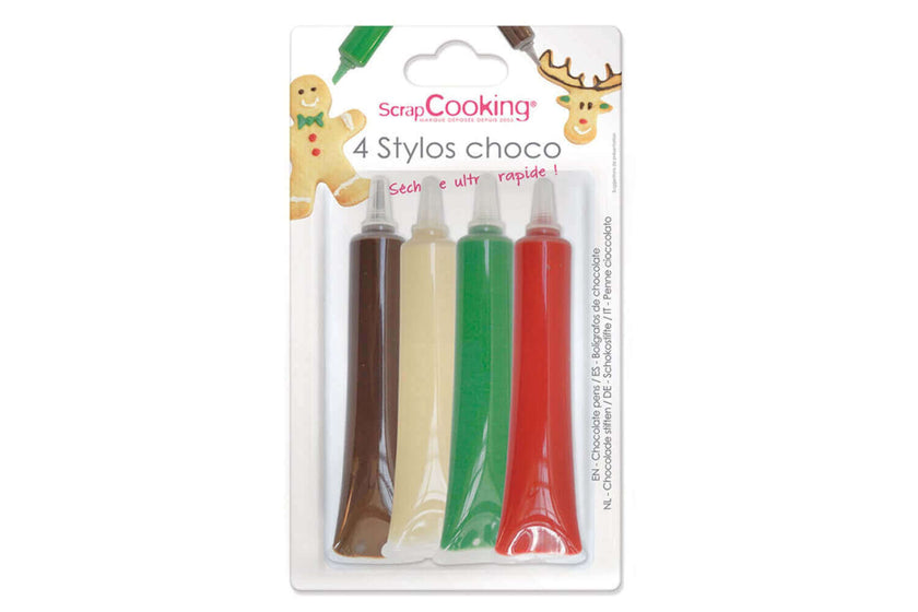 Set ScrapCooking de quatre stylos de décoration au chocolat rouge, blanc, vert et marron