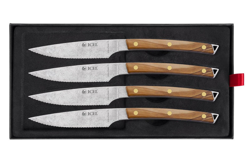 Coffret 4 couteaux à steak Icel lame dentelée 11cm manche incurvé bois d'olivier