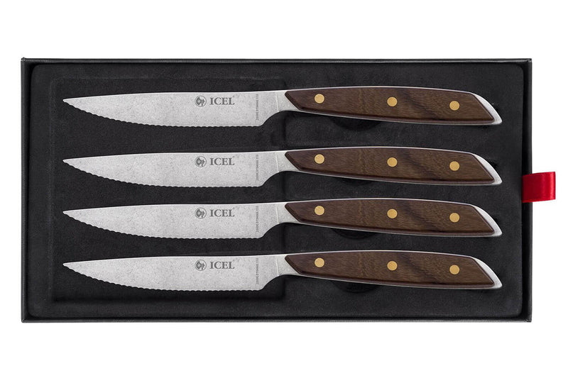 Coffret 4 couteaux à steak Icel lame dentelée 11cm manche droit en bois