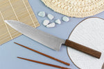 Couteau de chef japonais artisanal Wusaki Unagi AUS10 damas 24cm manche chêne