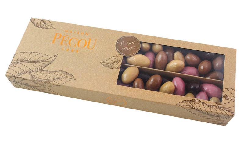 Amandes grillées Pécou Trésor Cacao enrobées de chocolats Ruby noir lait et doré - 230 g