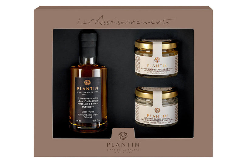 Coffret cadeau truffes Plantin : huile d'olives à la truffe noire + 2 verrines aromatisées