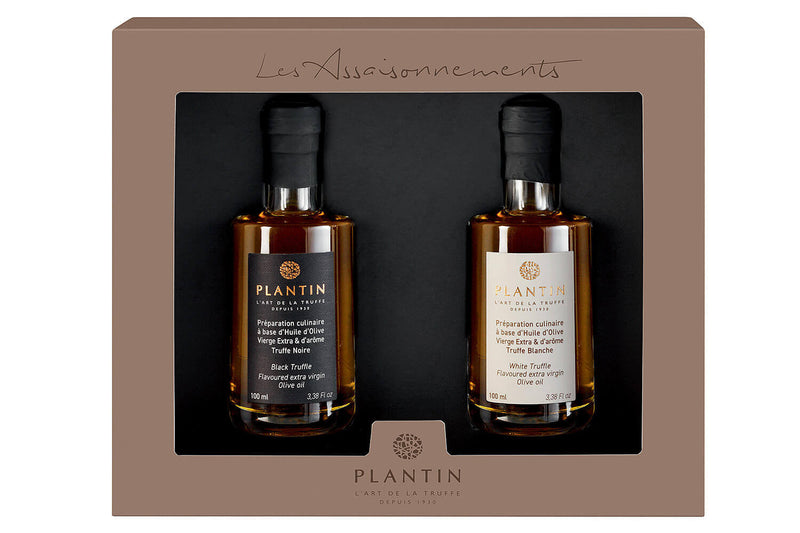 Coffret cadeau truffes Plantin 2 huiles d'olive extra vierge : truffe blanche et truffe noire
