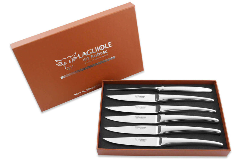 Coffret de 6 couteaux de table Laguiole en Aubrac Monobloc en inox brillant