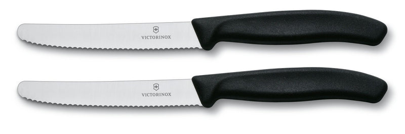2 couteaux de table Victorinox noirs lames crantées 11cm bout rond