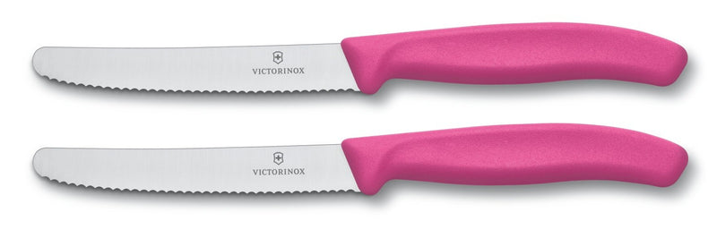 2 couteaux de table Victorinox roses lames crantées 11cm bout rond