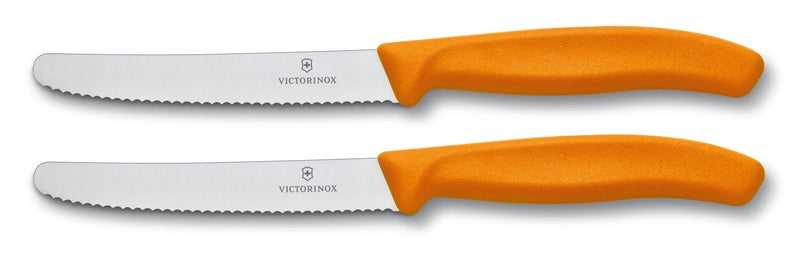 2 couteaux de table Victorinox oranges lames crantées 11cm bout rond