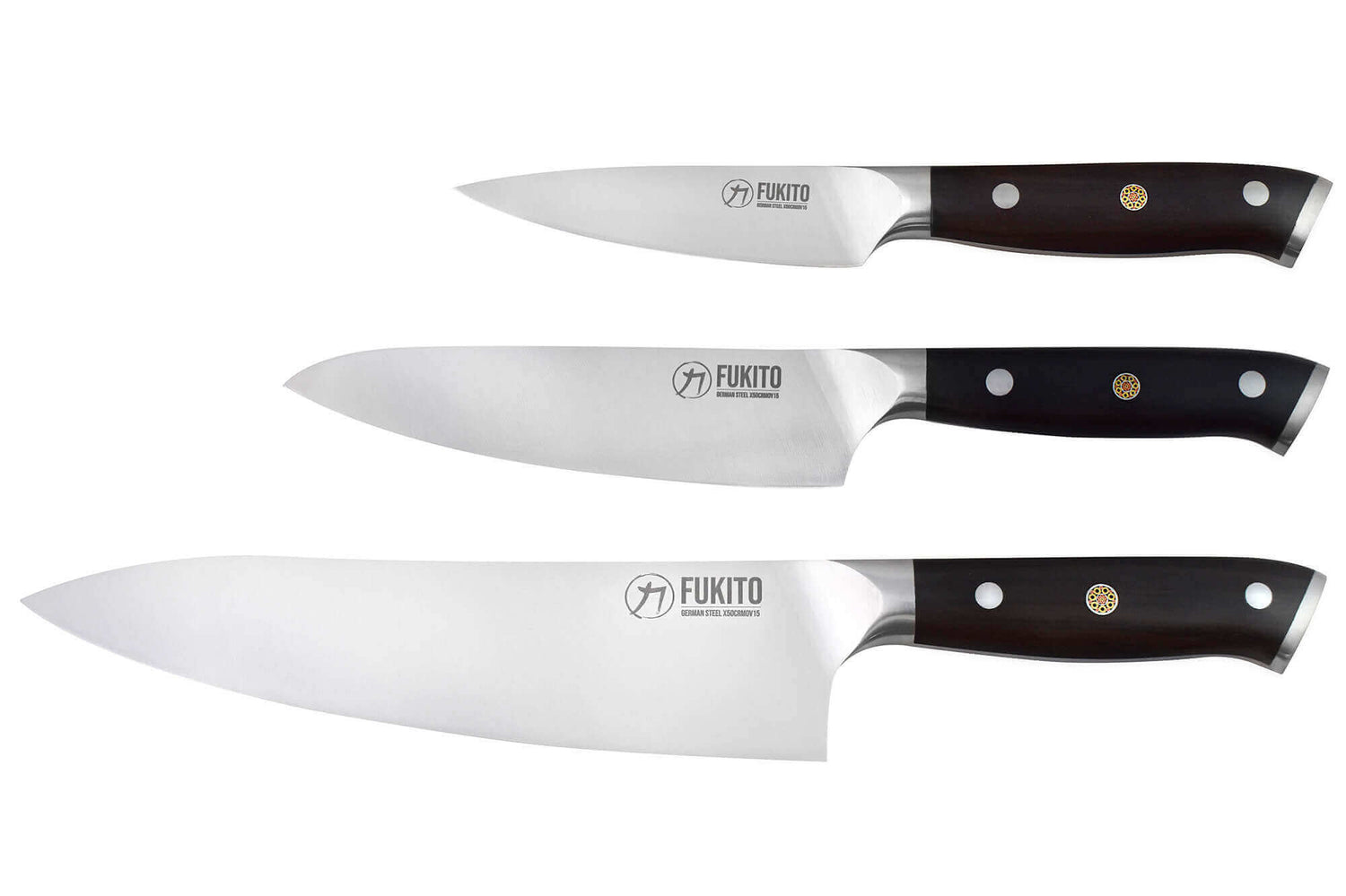 Coffret 3 couteaux Fukito Ebène X50 Chef + Universel + Office