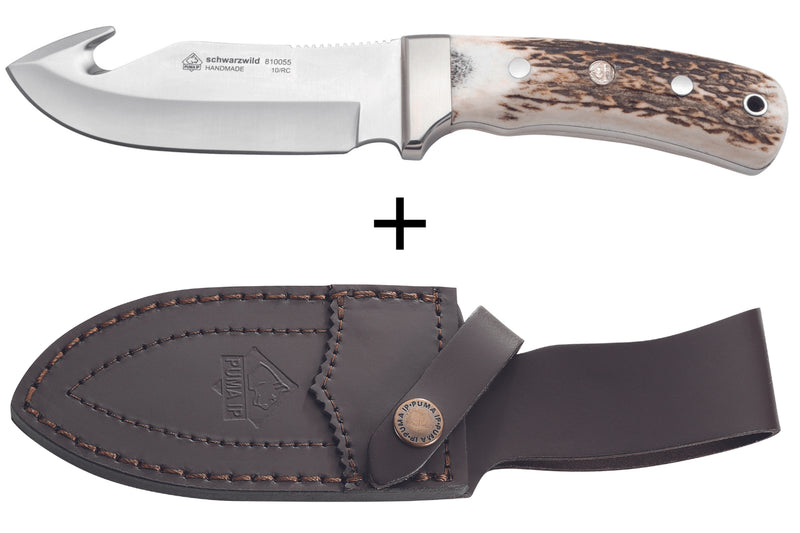 Couteau Puma IP Schwarzwild 338212 lame guthook 12cm manche bois de cerf + étui en cuir