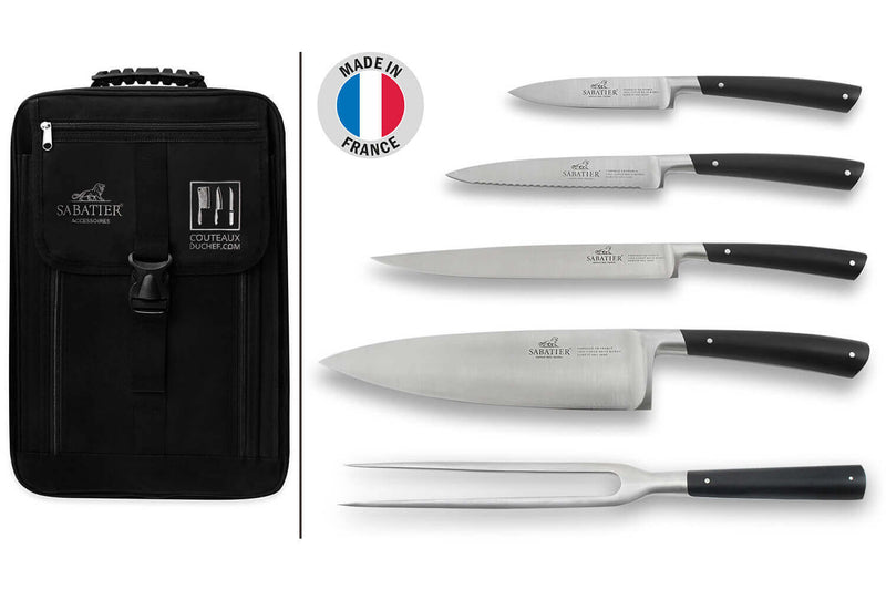 Sac spécial chef Sabatier Edonist 4 couteaux de cuisine français + 1 fourchette - Exclusivité