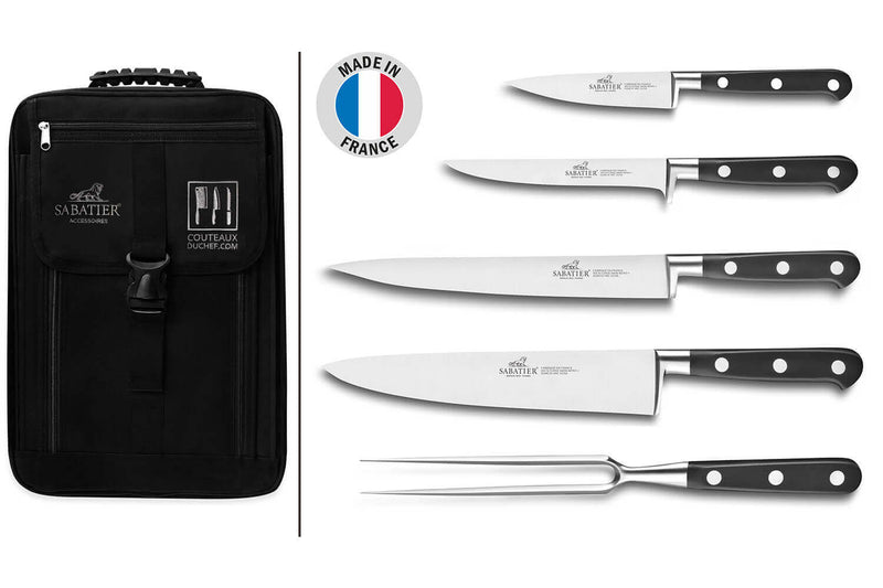 Sac spécial chef Sabatier Idéal Inox 4 couteaux de cuisine français + 1 fourchette - Exclusivité