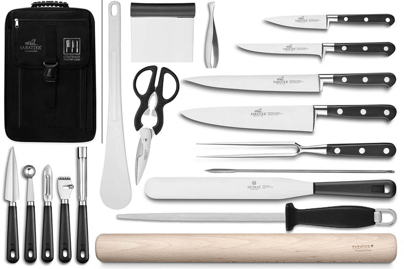 Sac spécial chef Sabatier Idéal Inox 4 couteaux de cuisine français + 14 ustensiles - Exclusivité