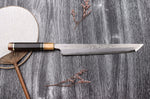 Couteau sakimaru takohiki japonais artisanal Naoki Mazaki Damascus biseauté 27cm corne claire