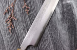 Couteau sakimaru takohiki japonais artisanal Naoki Mazaki Damascus biseauté 27cm corne claire