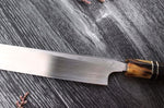 Couteau sakimaru takohiki japonais artisanal Naoki Mazaki Damascus biseauté 27cm corne claire