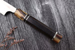 Couteau sakimaru takohiki japonais artisanal Naoki Mazaki Damascus biseauté 27cm corne claire