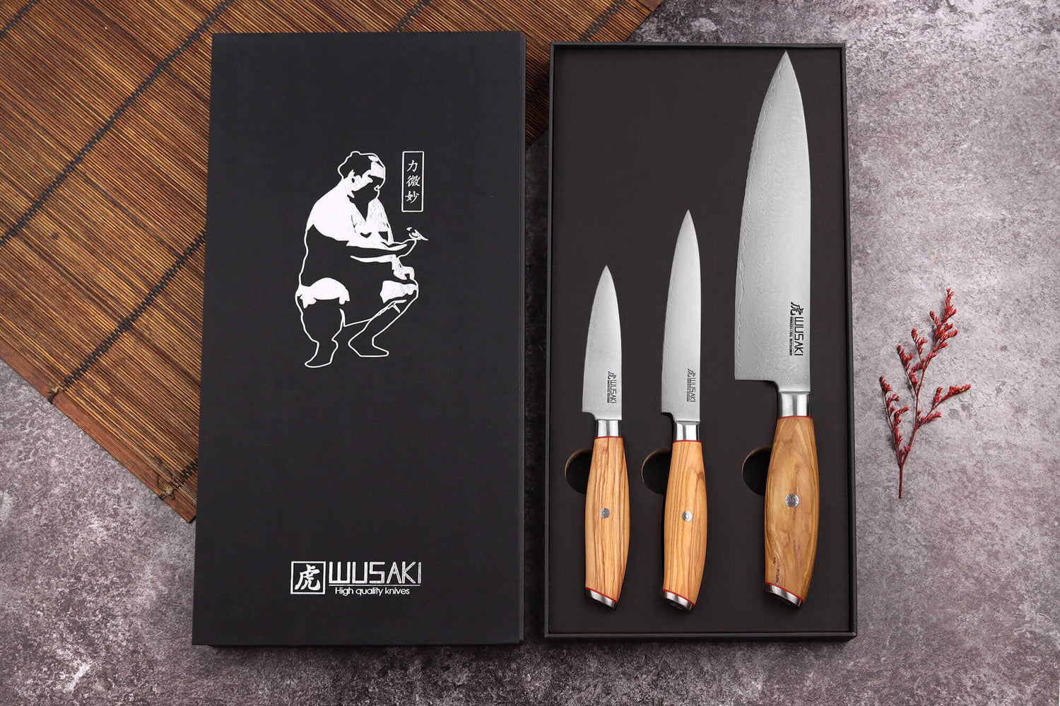 Coffret 3 couteaux Wusaki Fujiko 10CR damas Chef + Office + Universel