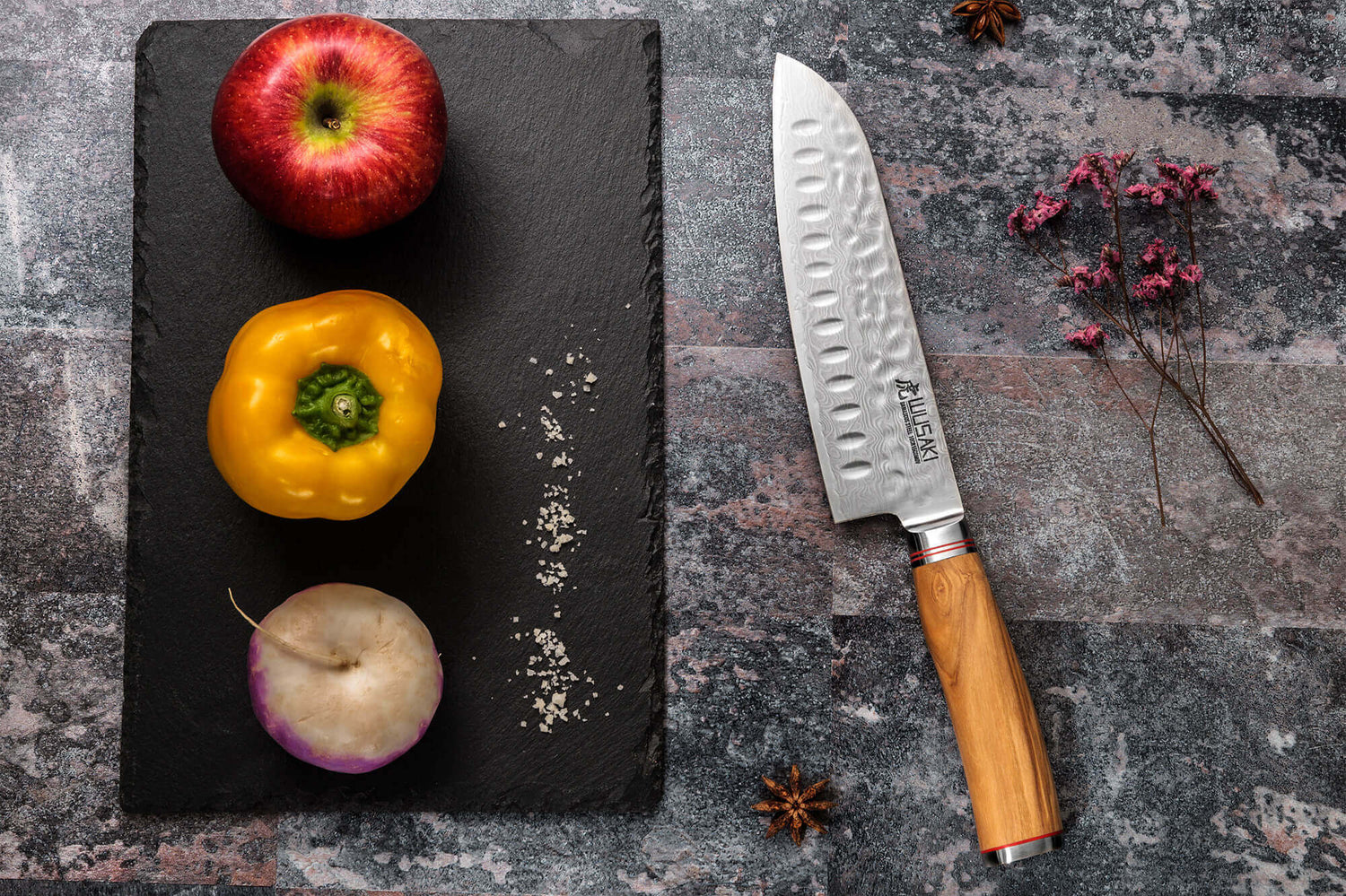 Couteau santoku Wusaki Damas 10Cr alvéolé 18cm manche en olivier