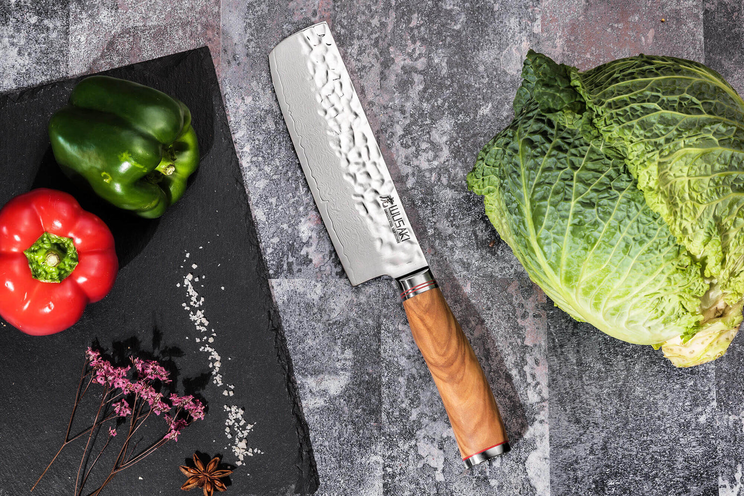 Couteau nakiri Wusaki Damas 10Cr 17cm manche en olivier