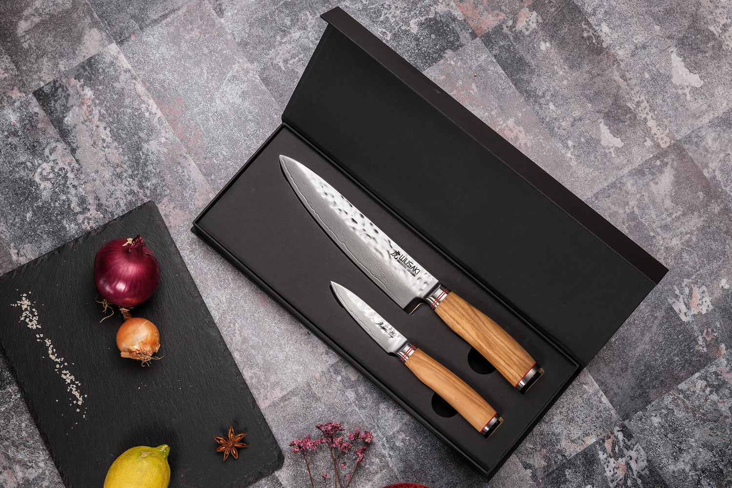Coffret de 2 couteaux Wusaki Damas 10Cr manches en olivier Chef + Office