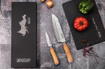 Coffret de 2 couteaux Wusaki Damas 10Cr manches en olivier Santoku + Office