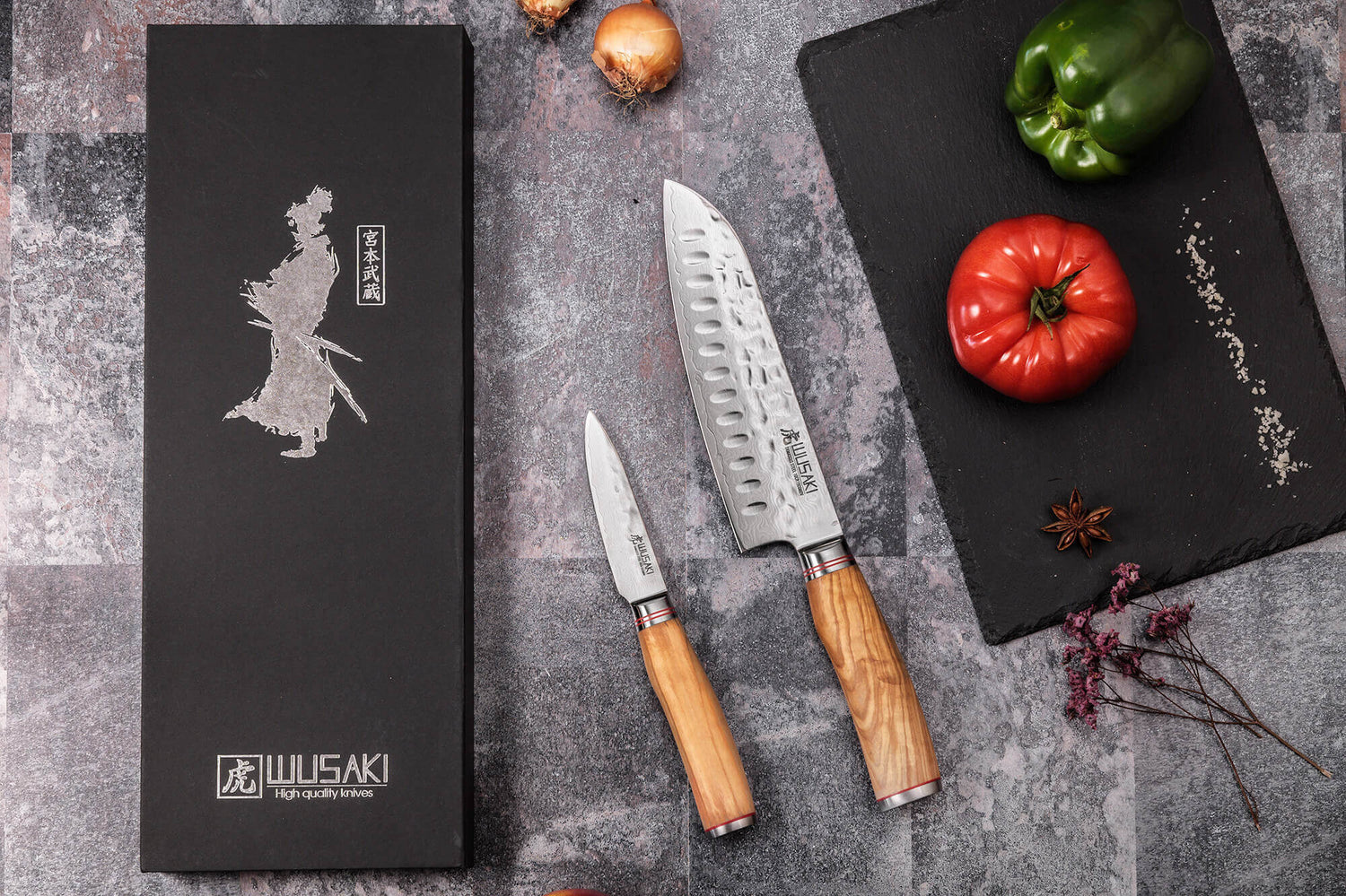 Coffret de 2 couteaux Wusaki Damas 10Cr manches en olivier Santoku + Office