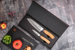 Coffret de 2 couteaux Wusaki Damas 10Cr manches en olivier Santoku + Office