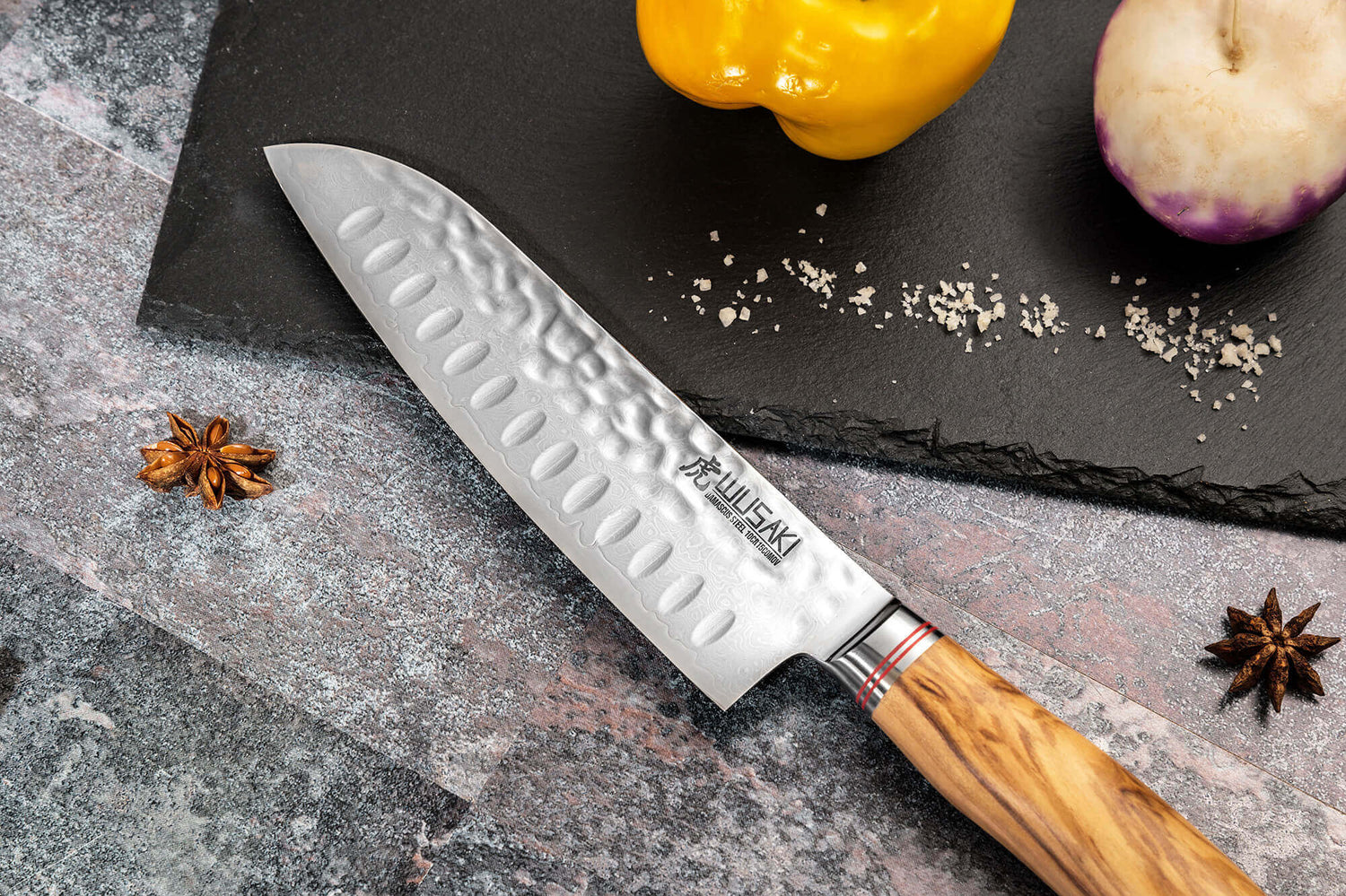 Coffret de 2 couteaux Wusaki Damas 10Cr manches en olivier Santoku + Office
