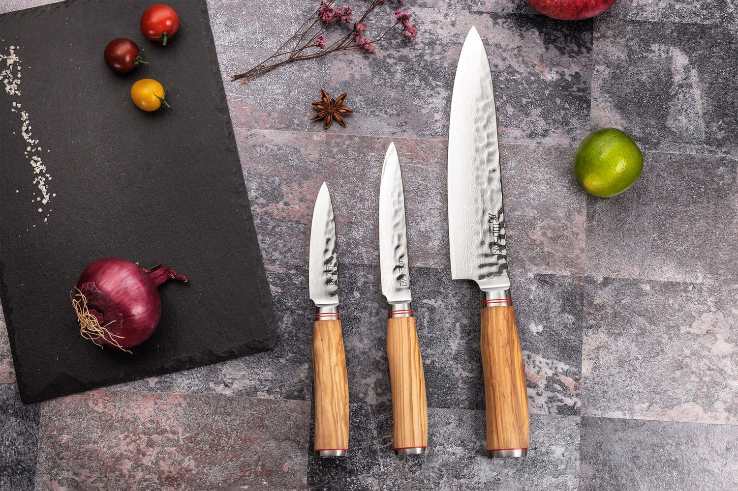 Coffret 3 couteaux Wusaki Damas 10Cr olivier Chef + Universel + Office