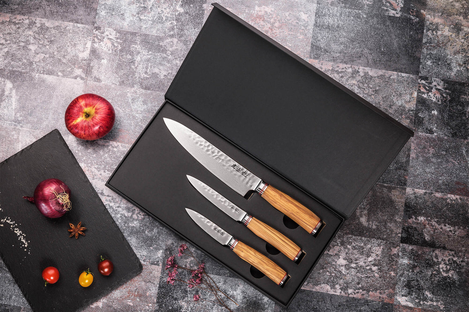 Coffret 3 couteaux Wusaki Damas 10Cr olivier Chef + Universel + Office