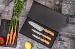 Coffret 3 couteaux Wusaki Damas 10Cr olivier Santoku + Universel + Office