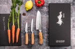 Coffret 3 couteaux Wusaki Damas 10Cr olivier Santoku + Universel + Office