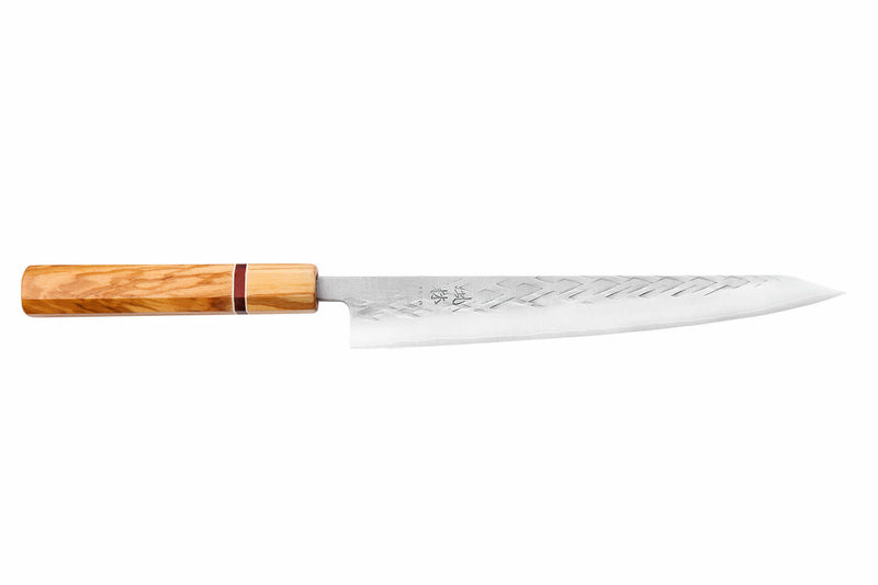 Couteau sujihiki 24cm japonais artisanal Yuzo SLD olivier et sequoia