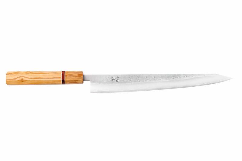 Couteau sujihiki 27cm japonais artisanal Yuzo SLD olivier et sequoia