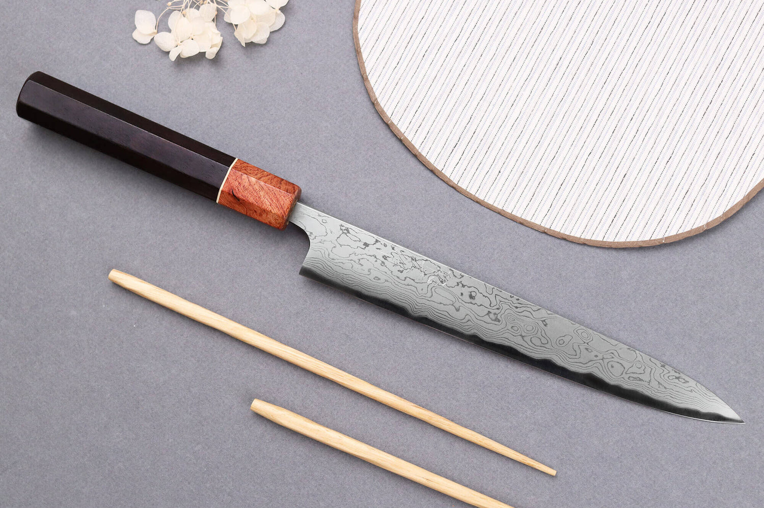 Couteau sujihiki 21cm japonais artisanal Toshihiro Wakui Aogami 2 damas laminé