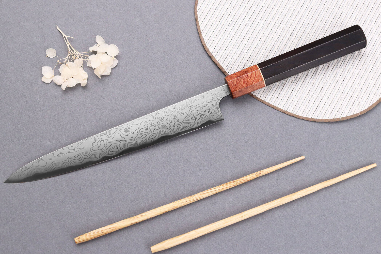 Couteau sujihiki 21cm japonais artisanal Toshihiro Wakui Aogami 2 damas laminé